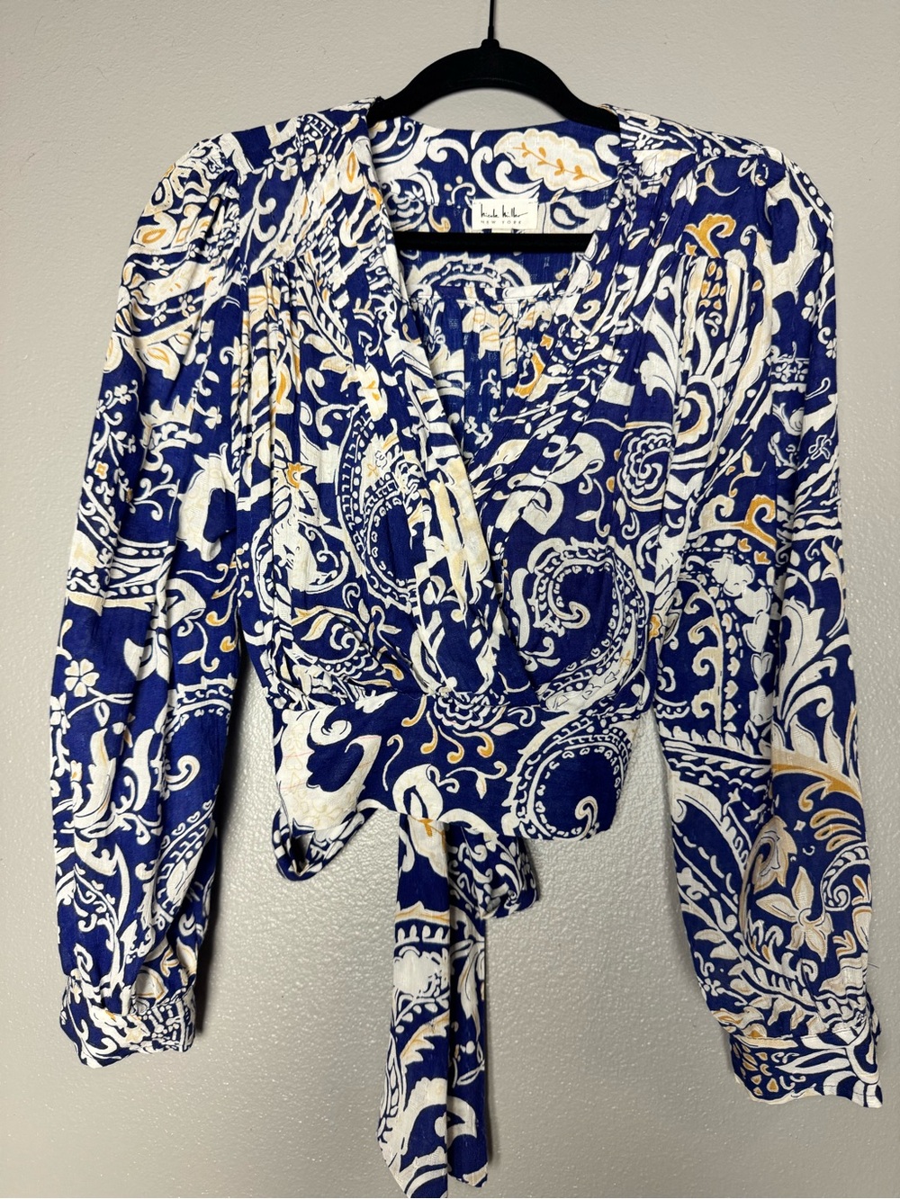 Cobalt Paisley Wrap Blouse with Tie Waist